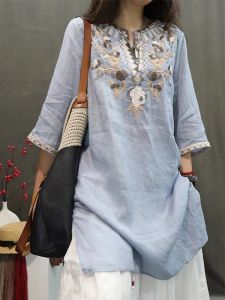 Ethnic Embroidered Cotton Linen Shirt Womens Mid-Length Summer Thin Loose Casual Mommy Style Pullover Linen Top