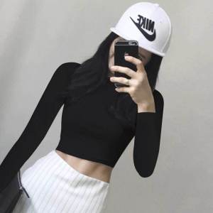 Sporty Short Sleeveless T-Shirt Womens Tight Fit High Waist Long Sleeve Half High Collar Base Shirt Initial Autumn Pure Color