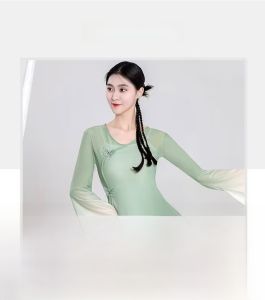 New Green Gradient Classical Dance Gown Womens Shiny Water Sleeve Dance Costume Fairy Atmosphere Upper Body Fitness Sportswear