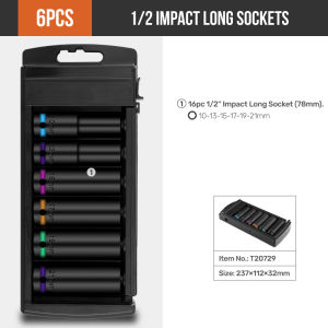 Hi-Spec 6/11PC 1/2 Drive Impact Socket Set 78mm Ổ Cắm Dài 78mm Dụng Cụ Cơ Khí Chuyên Nghiệp 10-24mm Thép Crom-Vanadi