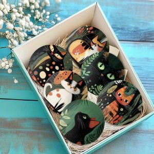4in Cartoon Cat Pattern 2D Round Wooden Coaster Dining Table Living Room Office Cafe Cat Shelter Cat Lover Protecting Tabletop