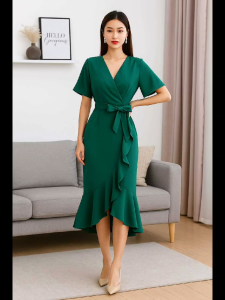 J Korean Casual V neck Ruffle Dress