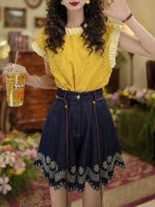 Shalldoer | Retro Hong Kong Style Round Neck Hollow Out Design Womens Shirt Summer New Fashion Ageless Lazy Style Top Casual Loose Fit Polyester Fabric Short Sleeve Printed Pattern