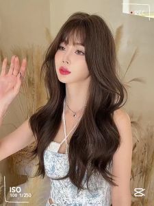 Wig for women long curly hair jasmine tea brown fashion trend wig big wave long hair