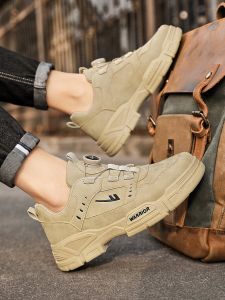 Mens Casual Work Shoes Wear-Resistant Comfortable Mid-Cut Synthetic Leather Boots with Elastic Laces for Labor Protection