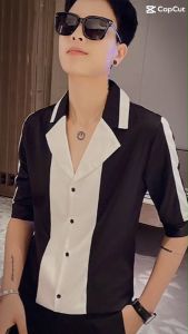 Áo sơ mi  áo nam lửng tay phối 2 màu chủ đạo đen trắng cổ V - Chất liệu mềm mịn thoáng khí lên form đẹp - Mã N12