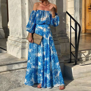 ชุดเดรสหรูหราของผู้หญิงพิมพ์ลายเอวสูงอารมณ์