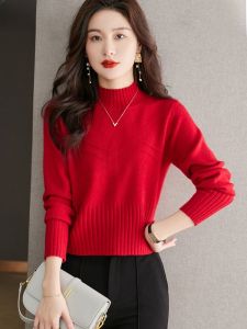 Hengyuanxiang Short Red Sweater Womens Fall and Winter Small Half-Collar Wool Sweater High Waist Western Style Knitted Bottoming Shirt