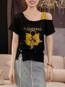 Shalldoer | Heavy Rhinestone Butterfly Knot Short Sleeve T-Shirt Womens Summer Fashion Anti-Aging Shoulder Exposure Neckline Casual Top