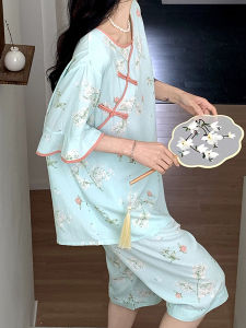 Bộ Đồ Ngủ Cotton Lụa Tay Ngắn Cho Nữ Phong Cách Mùa Hè Bộ Đồ Ngủ Dịch Vụ Tại Nhà Với Vật Có Hoa In Cao Su Quần