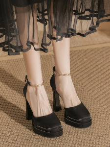 French Satin Thick Heel High Heels Womens Spring 2025 New Retro Square Head Ultra Waterproof Platform Mary Janes Fashionable Commute