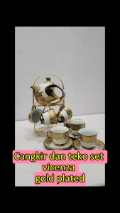 Cangkir Kopi Teh Set Keramik Plus Rak Stainless Motif Emas Mewah Per 6 Set Cangkir dan Tatakan Vicenza CR 90 1