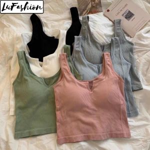 LuFashion Tanktop Women Croptop Summer Cotton Sleeveless V-neck Slim Camisoles with Chest Pad
