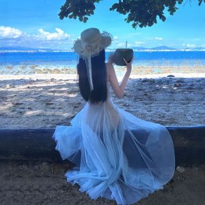 CHANGTONG | Beach Holiday Style Slimming Mesh Strap Maxi Dress