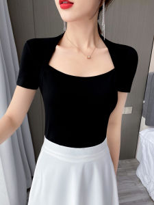 Black Square Collar Short Sleeve Slim Fit Womens T-shirt Summer New Style Base Shirt Elegant Design Korean Version Cotton Blend