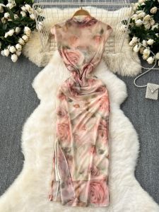 Elegant Lady 2024 New Style National Trend Cheongsam Dress Slimming Mesh Split Print Skirt Fashionable Womens Dress