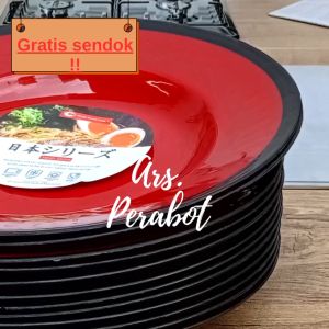 12Pcs piring makan antipecah bulat cekung ramen hitam merah