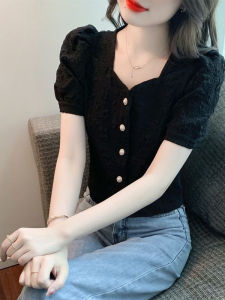 Áo Len Cardigan Hở Vai Thời Trang Mùa Hè Phong Cách Nước Hoa Ngắn Ôm Vừa Vặn Đa Năng Thanh Lịch Tay Bồng Họa Tiết Hoa Voan Cổ Vuông