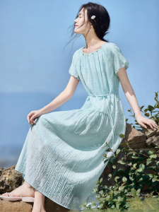 MOHANYIMEI | New Summer Tencel Puff Sleeve Waist-Tie Floral Romantic Vacation Style Dress