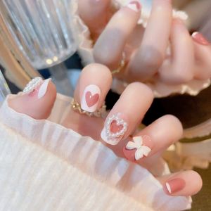 24Pcs/Set Fresh Sweet Wear False Nails Love Heart Pearl Bow Press on Nail Tips Wearable Removable Short Acrylic Fake Nails Art