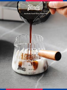 BINCOO | Milk Creamer Glass Cup with Measurement Scale Wooden Handle