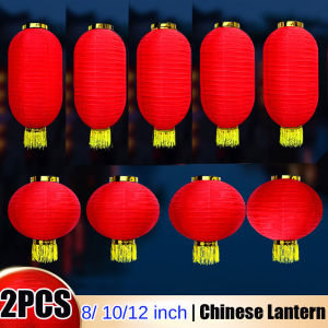 8/10/12 Inch Chinese Silk Cloth Red Lantern Waterproof Foldable New Year Blessing Good Luck Palace Lantern with Tassels Hanging Ornaments  Traditional Wedding Snake Year Festival Home Decor