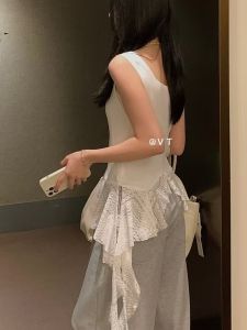 Ruffle Lace Splice White Strap Vest Womens Slim Fit Summer Outerwear Unique Design Sleeveless Top Commute Style Short Length
