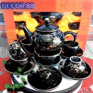 Bộ ấm trà men đen vẽ sen vàng 24k gốm sứ Bát Tràng cao cấp