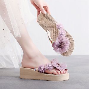 Flip Flops Womens Summer Outwear Fashion Flowers Flip-Flops Wedge Thick Sole Non-Slip Beach Slippers Shoes Net Red Ins Fashion