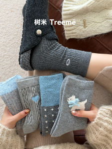 Gray Woolen Thickened Womens Socks Autumn Winter Warm Heart Butterfly Knot Cotton Socks Spring Summer Short Tube Socks