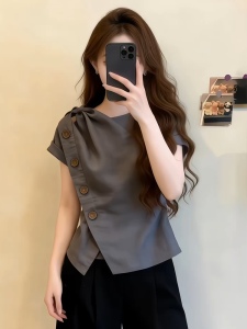 Shalldoer | Youthful Mandarin Collar Cinched Short Sleeve Blouse
