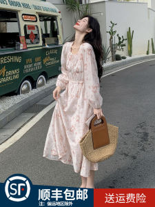 Pink Long Sleeve Floral Print Dress Womens Gentle Style Fashionable Age-Defying Fairy Long Dress Spring Autumn New Arrival