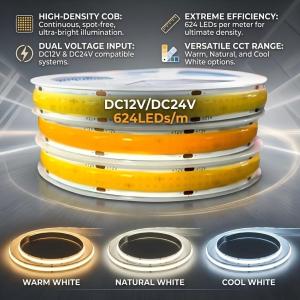 DC12V/24V Double Row COB LED Strip 624LEDs/M High Brightness RA95 Dimmable 3000K/4000K/6000K 12mm PCB Flexible Tape Light Decor
