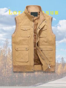 High-End Mens Thin Cotton Vest Outdoor Casual Multi-Pocket Jacket Mid-Aged Photography Vest Outerwear Standard Fit Zipper Decorated