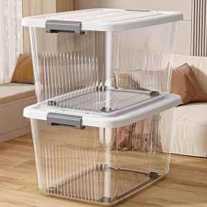 OME | Large Transparent Storage Box with Lid Thick Plastic Home Organizer Portable Hand Carry Clothes Storage Box Stackable Clear Storage Container