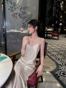 Elegant Satin Strapless Dress Womens Summer 2025 New French Luxury White Long Skirt V-neck A-line Skirt High Waist Long Dress