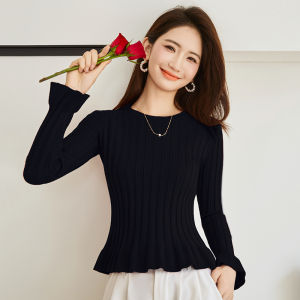 เสื้อสเวตเตอร์ถักสั้นสีแดง คอกลม เอวเข้ารูป แขนกระดิ่ง เสื้อชั้นในผู้หญิง แฟชั่นฤดูใบไม้ร่วง/ฤดูหนาว เสื้อคลุมกันหนาว