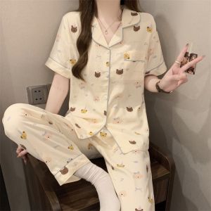 ชุดนอนผู้หญิงฤดูร้อน ผ้าฝ้ายถัก แขนสั้น กางเกงขายาว น้ำหนักเบา น่ารัก ลายการ์ตูน ชุดอยู่บ้าน ชุดนอนสองชิ้น ผ้าฝ้ายถัก