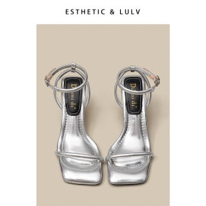 Fashionable Silver High-Heeled Sandals for Women with Strap Detailing Low Ankle Style Pure Color Patent Leather Upper and Rubber Sole