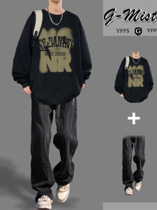 Autumn and Winter round Neck Sweatshirt Suit Boys Casual Matching Trendy Handsome a Set of Mens Clothing Fried Street Denim Two-piece Set