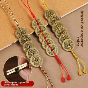 Pure Brass Five Emperor Coins Door Hanging Ornament Red Yellow Rope Threshold Press True Copper Coin String Home Hanging Decoration Six Emperor Coins Living Room