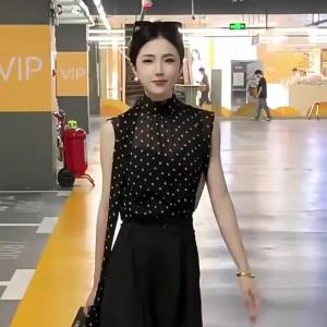 chaqi | French Dot Stand Collar Sash Sleeveless Chiffon Shirt Women Summer Design Sensation Niche Fashion Trendy Top Commute Style Loose Fit