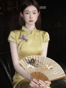 Elegant Slimming Modified Cheongsam Dress Womens Summer Fashionable Waist-Cinched Short Sleeve Midi Skirt Chinese Style