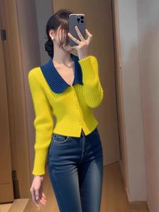 XUECAIQI | Color-block Turn-down Collar New Arrivals Pretty Sweater