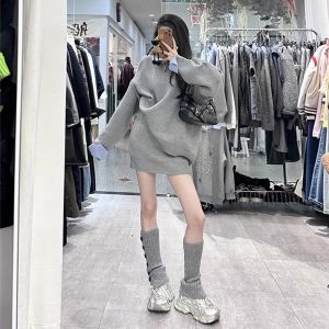 Karrar betsey | Đầm Áo Len Trơn Màu Xám Thời Trang Mùa Thu Sớm cho Người Nữ Bé Gọn