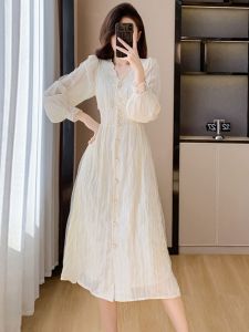 Elegant V-Neck Long Sleeve Lace Insert Chiffon Dress Womens Gentle Fairy Style Midi Dress Lantern Sleeve Bell Hem Spring Autumn