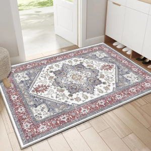 VIKAMA Vintage Blue Ivory Persian Oriental Rug Floral Medallion Border Entryway Floor Mat Hallway Living Room Home Decor Carpet
