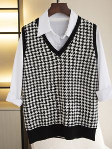 เสื้อกั๊กถักขนสัตว์คอวี ทรงหลวม แขนกุด ลายสก็อต แฟชั่นฤดูใบไม้ร่วง สำหรับผู้หญิง ไซส์ใหญ่ เสื้อคลุมกันหนาวแบบลำลอง