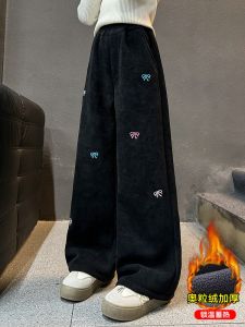 Girls Fleece Lined Wide Leg Pants Thickened Autumn Winter Children Casual Fashion High Waist Long Pants Velvet Trousers