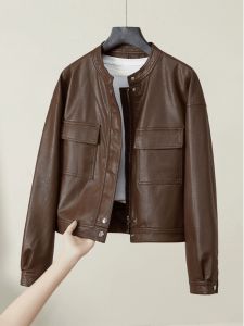 Retro Design Short Leather Jacket Womens Fashion Motorcycle Style Top Versatile Autumn New Arrival Zipper Closure Outerwear